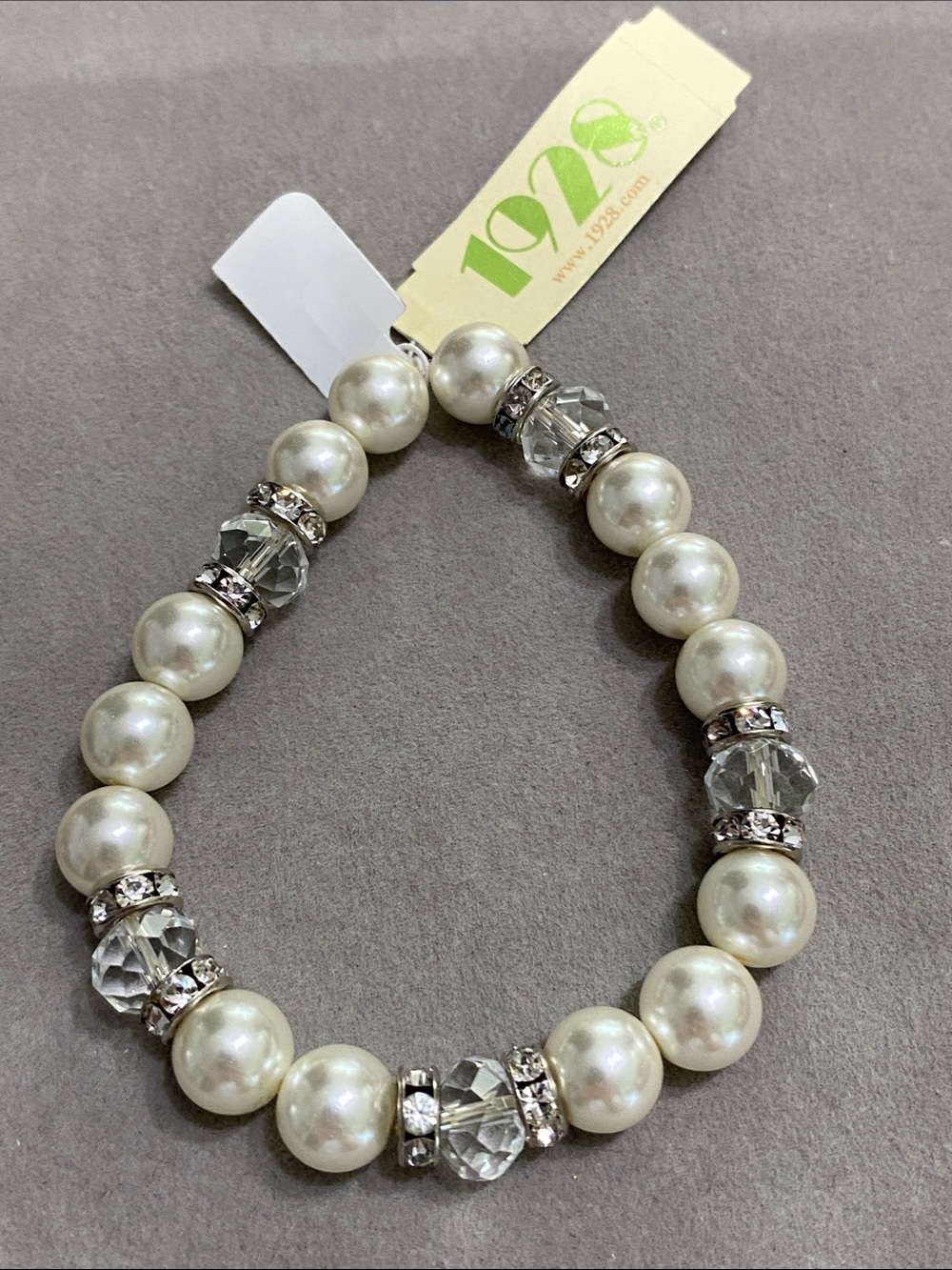 1928 Cultured Pearl and Crystal Stretch Bracelet in White and Clear